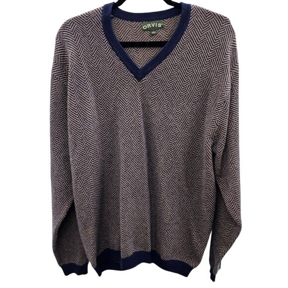 Orvis Sweater Mens Large Cashmere Herringbone Cozy Warm Knit Pullover V-Neck - Picture 4 of 9
